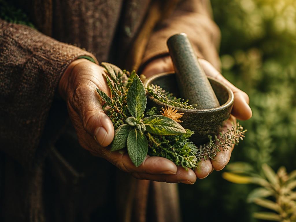Mãos segurando ervas medicinais frescas e um pilão de pedra