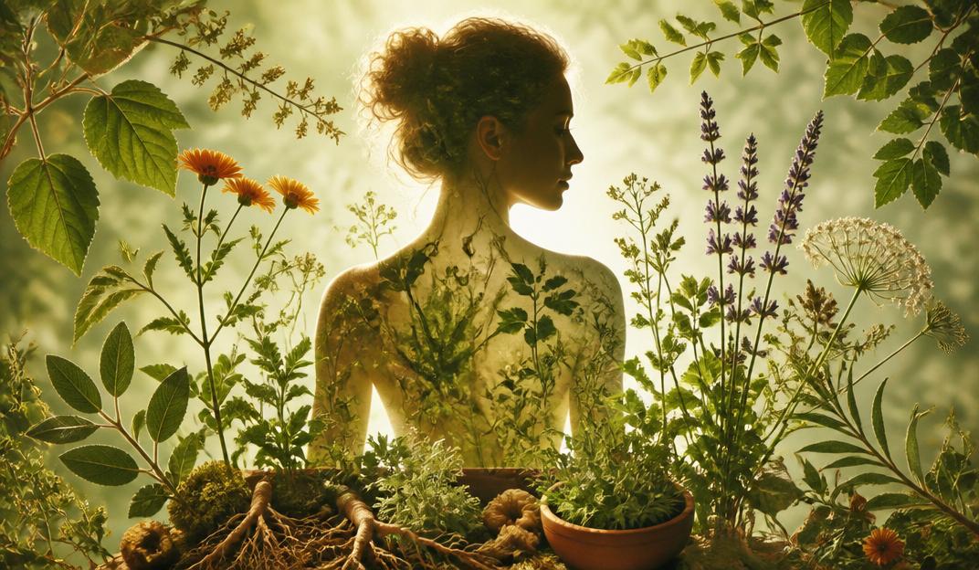 Silhueta humana em harmonia com ervas medicinais, flores e folhagens, representando a conexão entre corpo e natureza